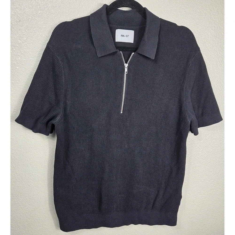 NN.07 Hansie SS Zip Rib Knit Polo‎ Sweater Organic Cotton Black Size L